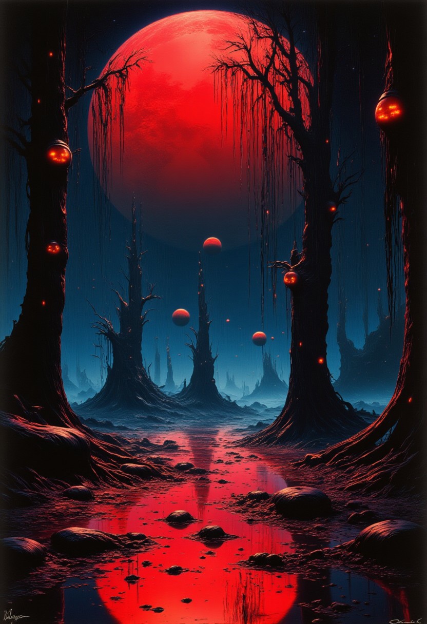 abstract photorealistic ink image in red, black and blue, 
A moonlit clearing deep within the witch's forest, where glowing jack-o'-lanterns hang from the twisted branches of ancient trees. In the distance, shadowy creatures with long limbs and glowing eyes slink between the trees, while a pack of skeletal wolves howls at the Blood Moon. The air is thick with the scent of damp earth and dark magic as the creatures creep closer to the edge of the clearing.
In the style of grainy 80s VHS dark fantasy horror, vintage Halloween, autumn harvest tones, occult mysticism, gritty animatronics, with Sean Äaberg's psychedelic grotesque flair, evoking eerie, grainy VHS footage