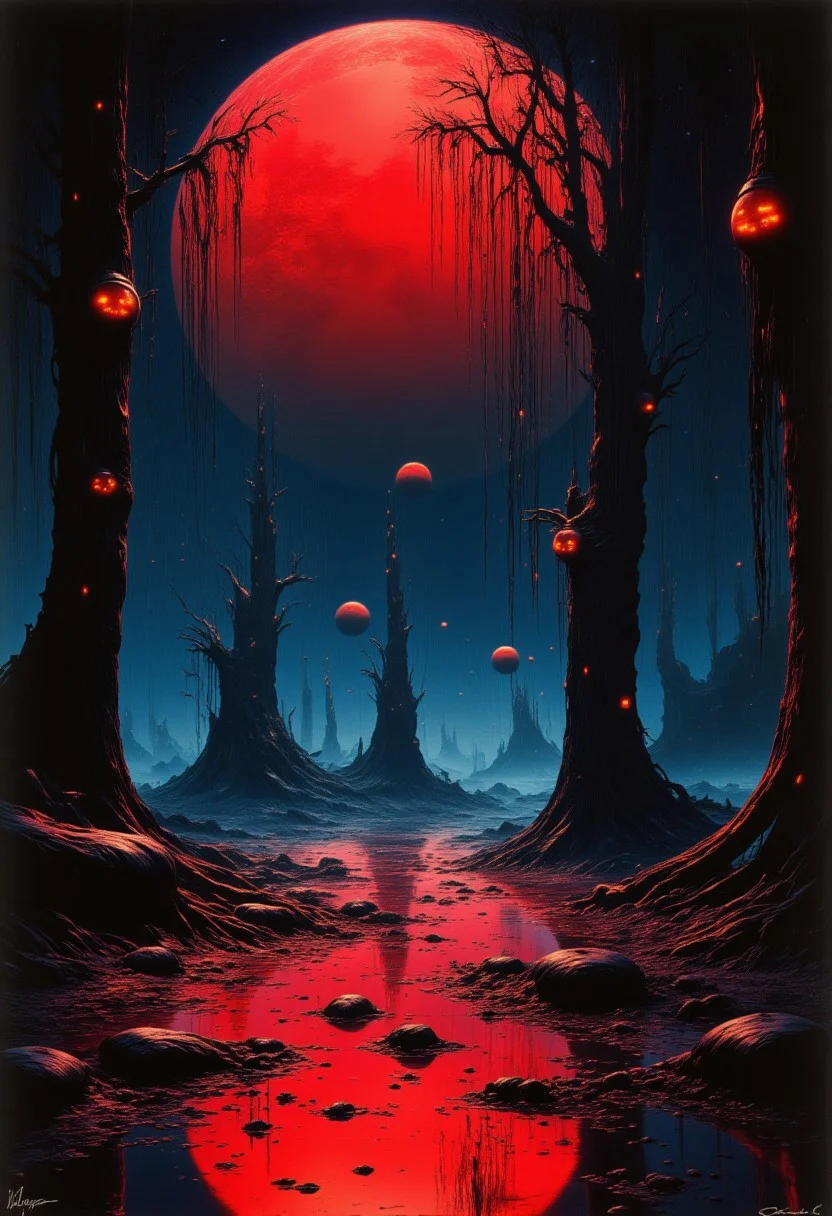 abstract photorealistic ink image in red, black and blue,
A moonlit clearing deep within the witch's forest, where glowing jack-o'-lanterns hang from the twisted branches of ancient trees. In the distance, shadowy creatures with long limbs and glowing eyes slink between the trees, while a pack of skeletal wolves howls at the Blood Moon. The air is thick with the scent of damp earth and dark magic as the creatures creep closer to the edge of the clearing.
In the style of grainy 80s VHS dark fantasy horror, vintage Halloween, autumn harvest tones, occult mysticism, gritty animatronics, with Sean Äaberg's psychedelic grotesque flair, evoking eerie, grainy VHS footage