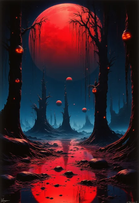 abstract photorealistic ink image in red, black and blue, 
A moonlit clearing deep within the witch's forest, where glowing jack-o'-lanterns hang from the twisted branches of ancient trees. In the distance, shadowy creatures with long limbs and glowing eyes slink between the trees, while a pack of skeletal wolves howls at the Blood Moon. The air is thick with the scent of damp earth and dark magic as the creatures creep closer to the edge of the clearing.
In the style of grainy 80s VHS dark fantasy horror, vintage Halloween, autumn harvest tones, occult mysticism, gritty animatronics, with Sean Äaberg's psychedelic grotesque flair, evoking eerie, grainy VHS footage