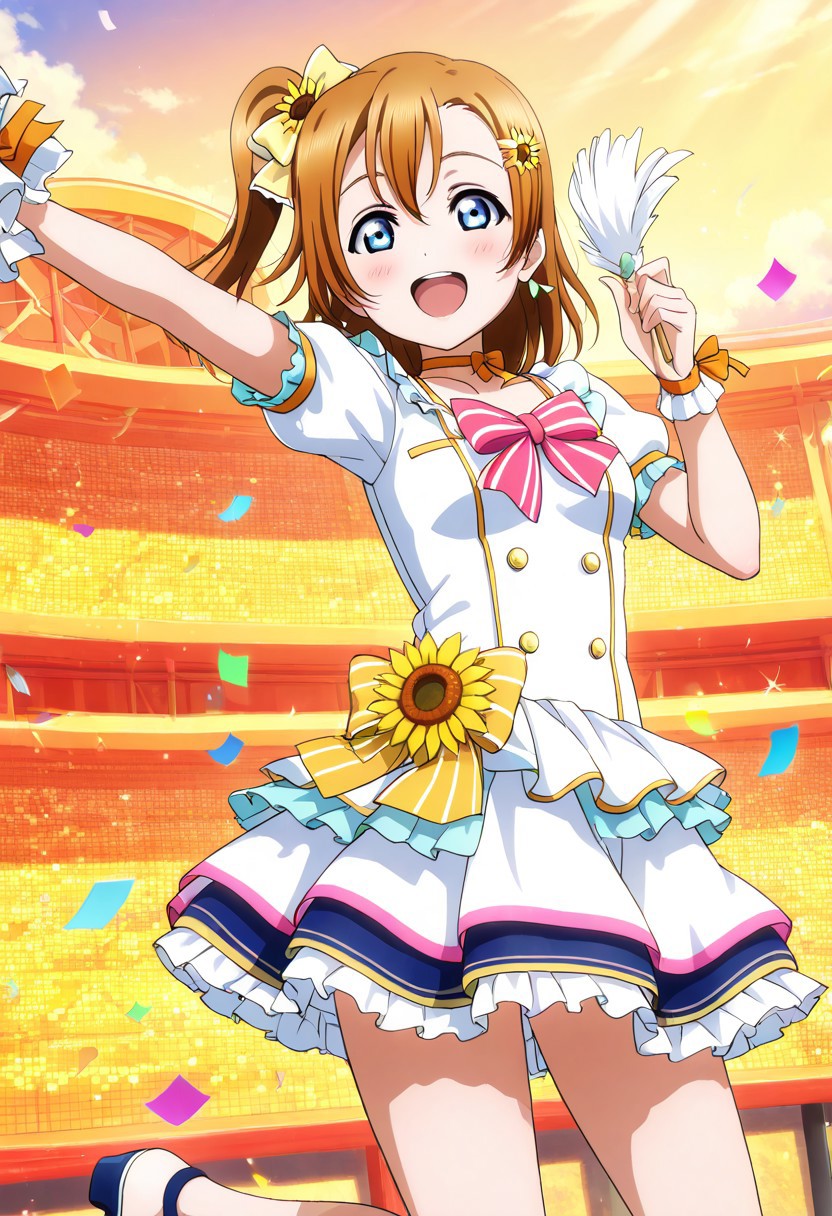 masterpiece, best quality, solo, 1girl, aged up, happy,
 honoka_kousaka, kousaka_honoka, blue eyes, brown hair, orange hair, one side up, short hair, hair bow, yellow bow, cheerful idol outfit, frilly orange and white dress, puffy sleeves, ribbon choker, sunflower hair clip, outdoor summer stage, bright blue sky, cheering fans, confetti in the air, radiant smile, joyful and energetic performance
