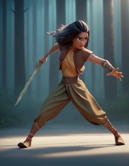 1girl, solo, high contrast, against light, sword, fight pose, dark forest background, black hair<lora:Raya:1> raya, score_9, score_8_up, score_7_up, score_6_up