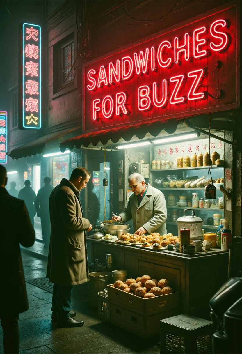 cyberpunknoirlora, Hi res analog photo of Vladimir Lenin selling burgers at a fast-food stall in Moscow in 1960s, at NIght, Cyberpunk ambiance, busy street, Vladimir Lenin's fast-food stall has a n30n_51gn, a Red neon sign that says "Sandwiches for Buzz", 1960's ambiance, 1960's fashion style, Kodachrome film used to take the photograph, detailed background