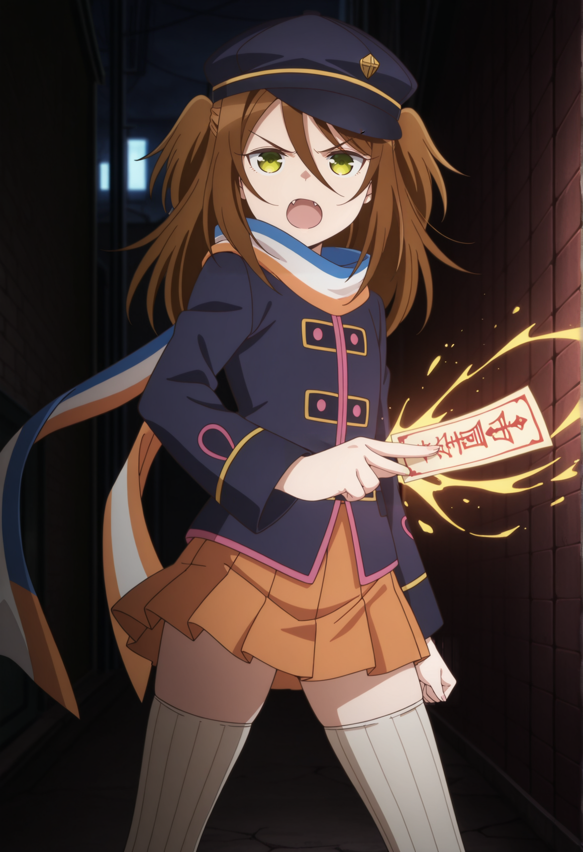 anime screenshot, anime screencap, anime coloring, 1girl, brown hair, green eyes, long hair, two side up, cap, multicolored scarf, blue coat, orange skirt, pleated skirt, thighhighs, alley, casting spell, holding talisman, magic, serious, open mouth, fang  <lora:mari_35th:1>, masterpiece, best quality, amazing quality, very aesthetic, absurdres, highres, newest