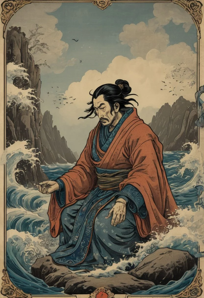 a tarot card, a meditating sage on a rock in the sea, "the ocean" written, crashing waves, elaborate blue ink maritime embellishments, Ukiyo-e Art,