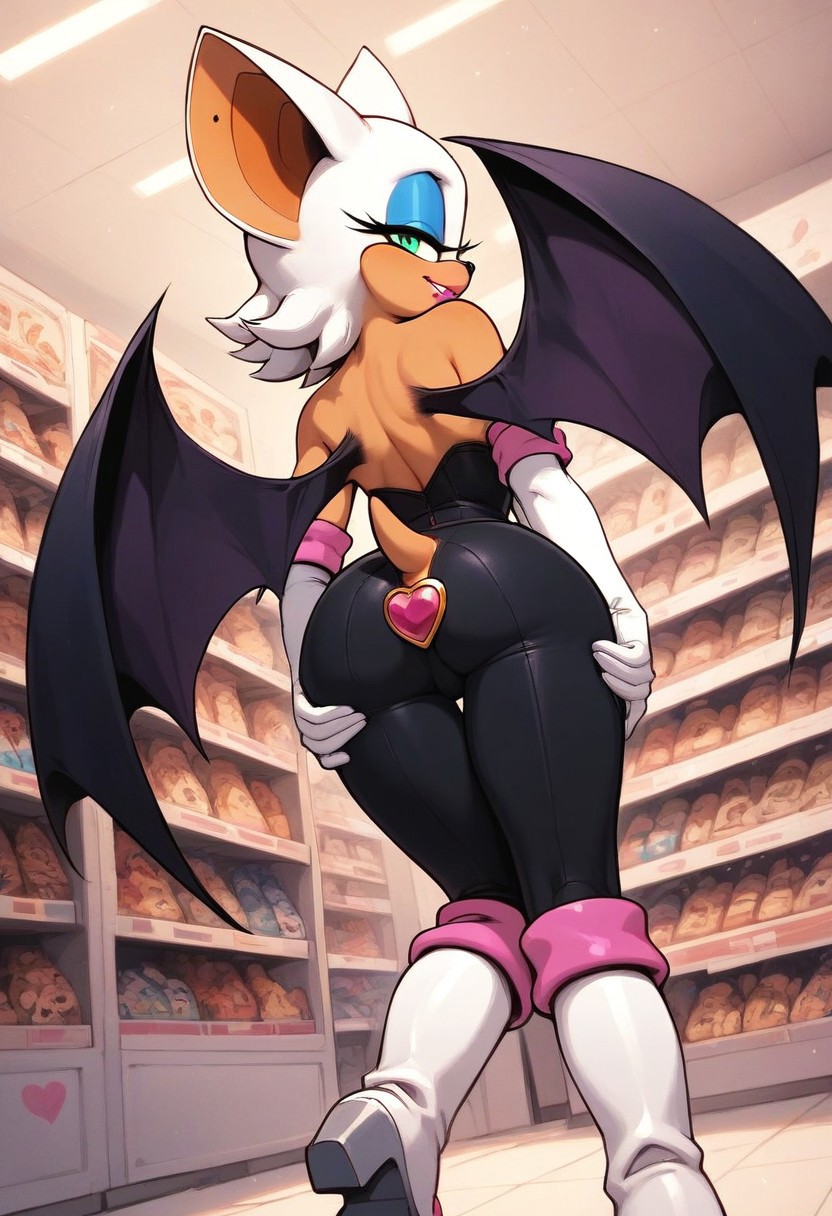 score_9, score_8_up, score_7_up, Expressiveh, 1girl, solo, ((RougeXL, Rouge the Bat (Sonic series), anthro, bat, bat wings, eyeliner, furry, furry female, green eyes, makeup, small tail, white hair, wings, eyeshadow, bare shoulders, boots, black leggings, elbow gloves, gloves, pink heart-shaped top, knee boots, white footwear, white gloves)), back view
Standing, exposing ass, putting down pants, heart-shaped buttplug
Horny, lustful expression
((indoors, small jewelry store, jewelry, round jewels, tiny jewels)), Dutch angle, high res image, detailed background, masterpiece