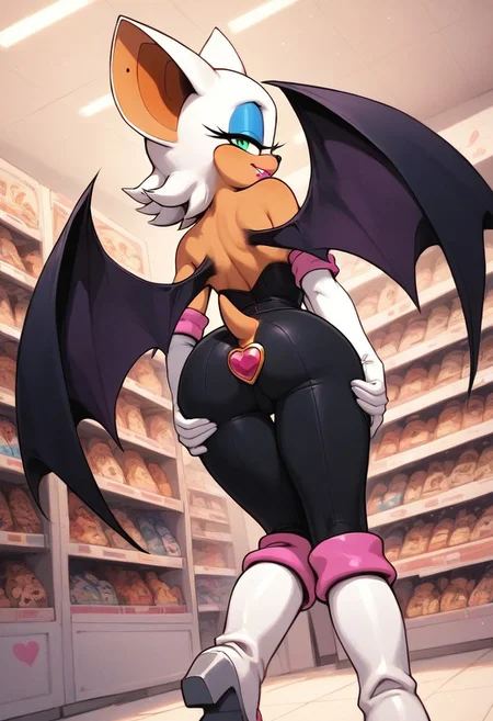 score_9, score_8_up, score_7_up, Expressiveh, 1girl, solo, ((RougeXL, Rouge the Bat (Sonic series), anthro, bat, bat wings, eyeliner, furry, furry female, green eyes, makeup, small tail, white hair, wings, eyeshadow, bare shoulders, boots, black leggings, elbow gloves, gloves, pink heart-shaped top, knee boots, white footwear, white gloves)), back view
Standing, exposing ass, putting down pants, heart-shaped buttplug
Horny, lustful expression
((indoors, small jewelry store, jewelry, round jewels, tiny jewels)), Dutch angle, high res image, detailed background, masterpiece