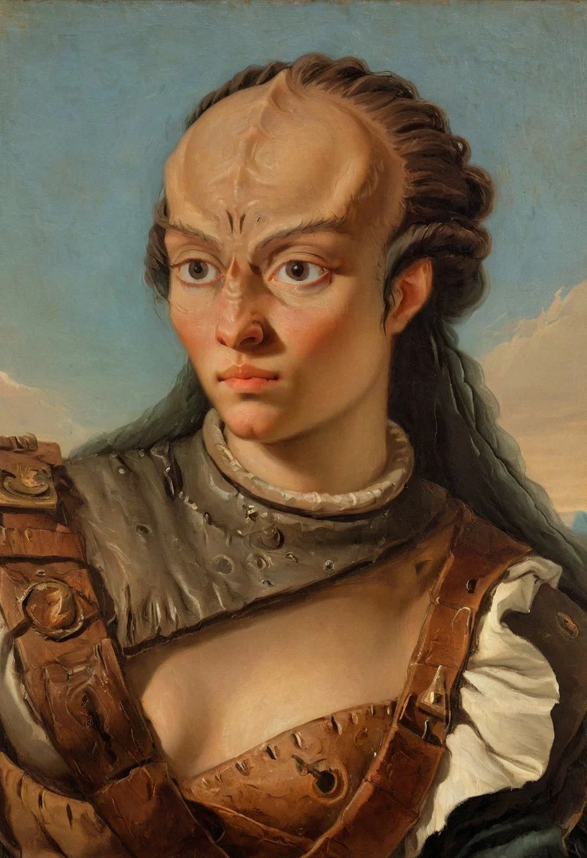 intricate detailed AH_Tiepolo Tiepolo oil painting upper body portrait of a female kling0n alien princess, leather dress, forehead ridges, light brown skin, nose ridges, large eyebrows