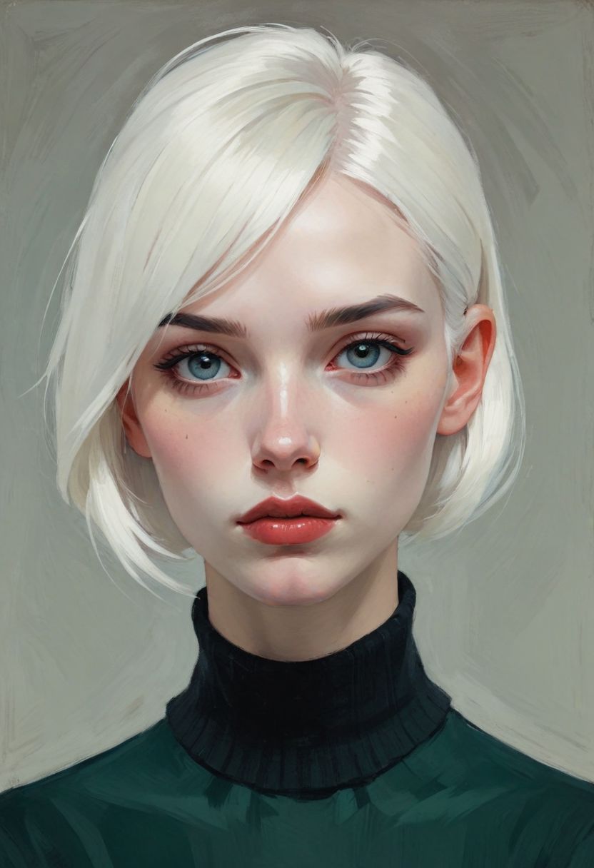 minimalist illustration, one woman, white hair, seductive, charming woman, charmful looking, captivating, minimalist, slender frame, detailed, headshot, painterly , style of malcolm liepke