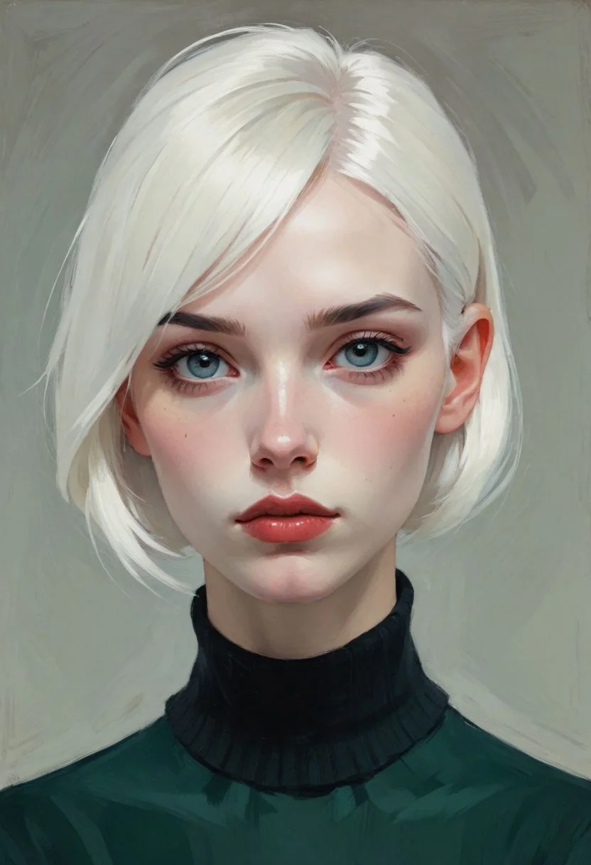 minimalist illustration, one woman, white hair, seductive, charming woman, charmful looking, captivating, minimalist, slender frame, detailed, headshot, painterly , style of malcolm liepke