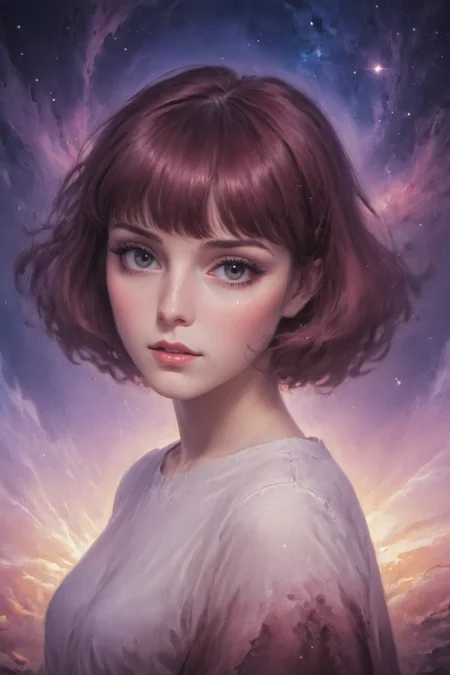 cosmic canvas, galaxy background, painting of a beautiful woman,Tunic Top_, Wispy bangs, Maroon hair, <lora:Cosmic_Canvas_SDXL:1>