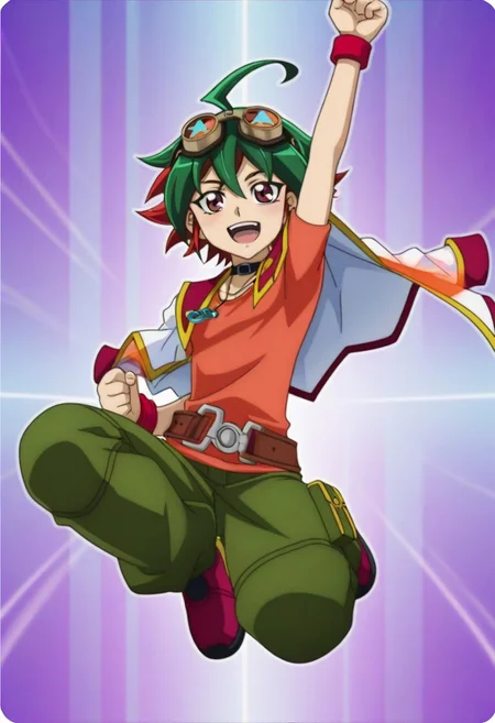 Anime, anime screencap, anime coloring, official art, ((1male only, 1boy only, male focus, one male character only, single male character only, single illustration only)), bishonen, handsome, attractive, cute, sexy, good-looking, tall body, tall height, slim figure, Yuya Sakaki, two-tone hair, multicolored hair, green and red hair, ahoge, goggles on head, red eyes, choker, pendant, orange t-shirt, ((blazer over shoulders)), red wristbands, belt, green baggy pants, shoes, full body shot, happy, smile, front view, facing front, ((sci fi background, technology background, holograms background)), ((jumping action, raised arm, energetic))