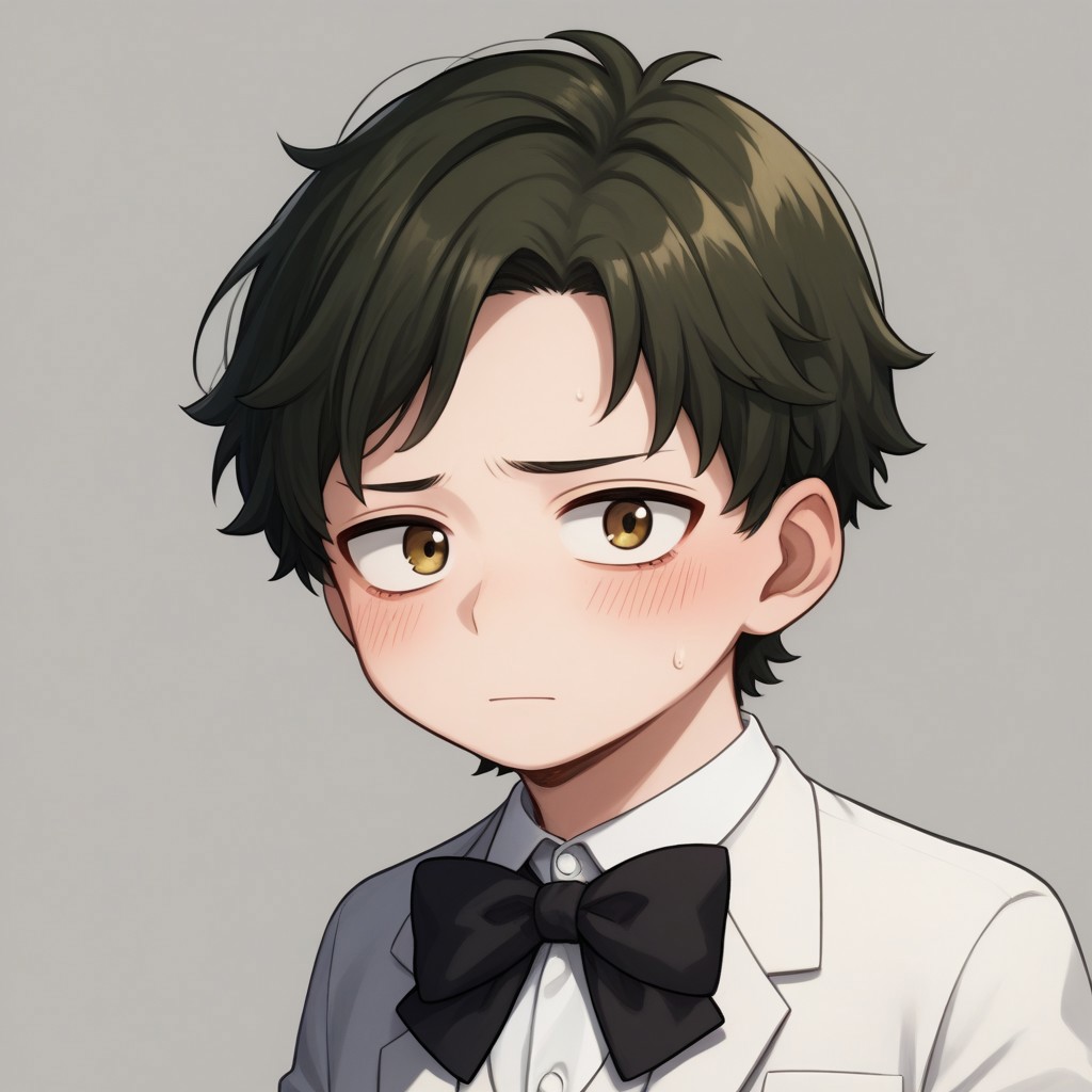 score_9, score_8_up, score_7_up, source_anime, highly detailed, cute boy, 1boy, solo, young, damian desmond, short hair, brown hair, brown eyes, white tuxedo, white pants, black bow tie, black socks, white dress shoes, blushing, shy, looking away from viewer, looking slightly to the side, avoiding eye contact