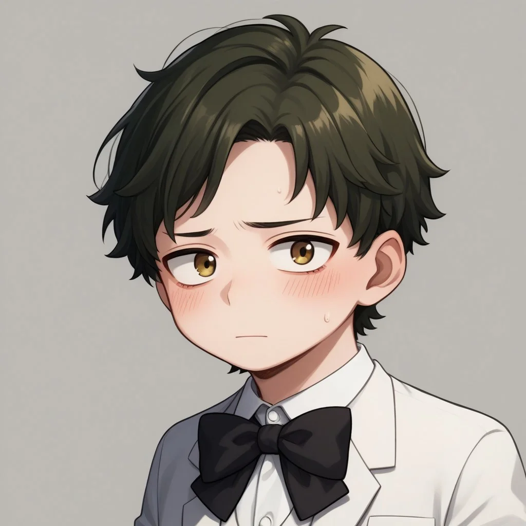 score_9, score_8_up, score_7_up, source_anime, highly detailed, cute boy, 1boy, solo, young, damian desmond, short hair, brown hair, brown eyes, white tuxedo, white pants, black bow tie, black socks, white dress shoes, blushing, shy, looking away from viewer, looking slightly to the side, avoiding eye contact