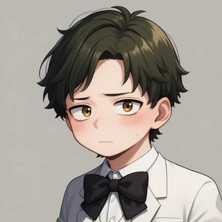 score_9, score_8_up, score_7_up, source_anime, highly detailed, cute boy, 1boy, solo, young, damian desmond, short hair, brown hair, brown eyes, white tuxedo, white pants, black bow tie, black socks, white dress shoes, blushing, shy, looking away from viewer, looking slightly to the side, avoiding eye contact
