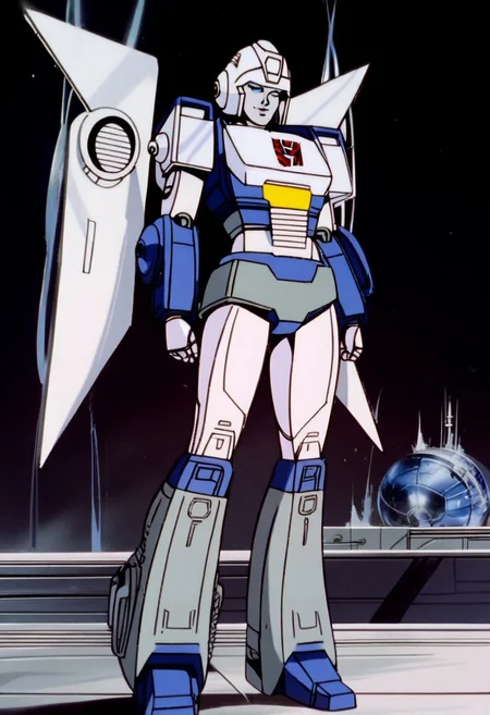 score_9, score_8_up, score_7_up, animation, transformers, 1girl, robot, Decepticon, Tall, slim, Seeker, Starscream glowing eyes, blue eyes, large eyes, circular eyes, white armor, Forard swept wings, transforms into futuristic Stelth Mig Fighter Jet, full body, cowboy shot, smiling, holding null ray blasters, Decepticon Symbol, outer leg armour wrapped around legs (curvy, wider at bottom, knee joint)
<lora:StarScream1.2:1>