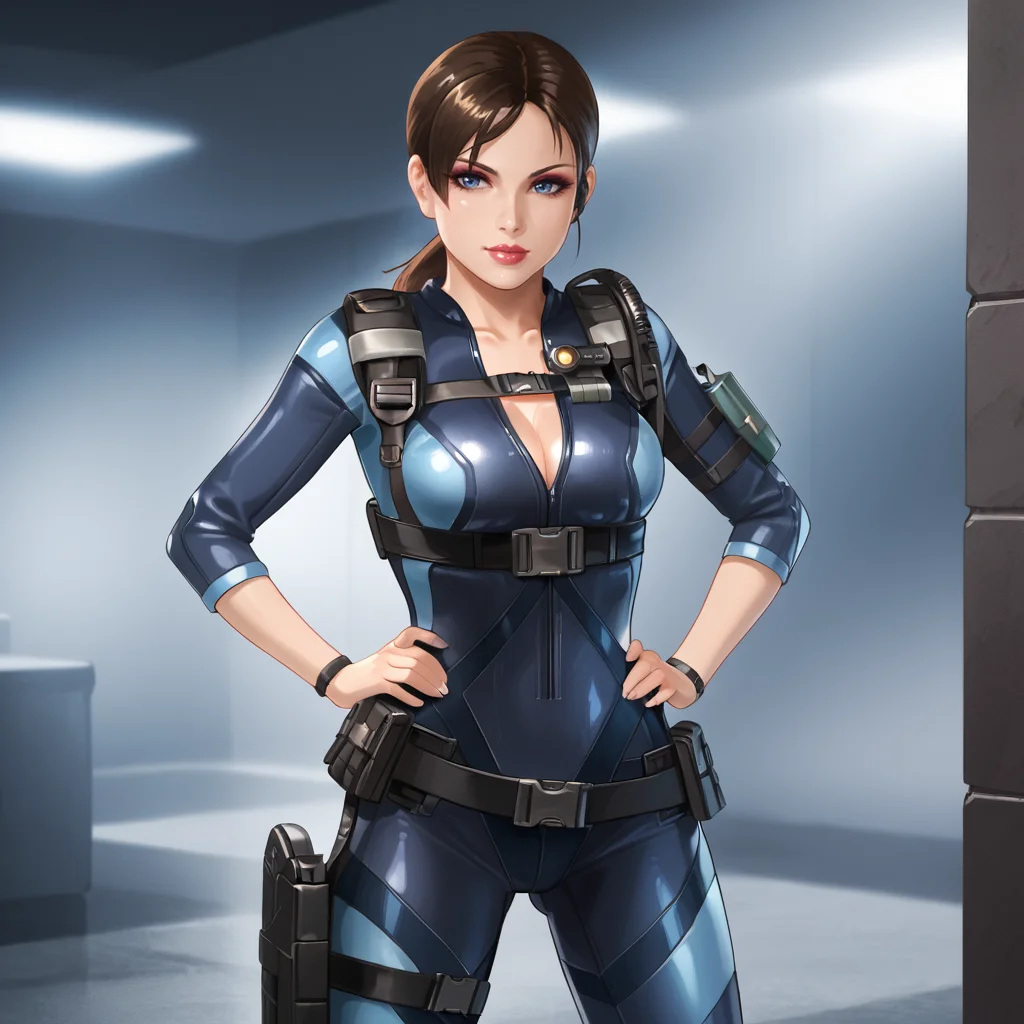 <lora:jillvalentinerevelations_pony_v1:.8> JillValentineResidentEvilRevelations, 1girl, jill valentine, thigh holster, brown hair, bodysuit, medium breasts, cleavage, ponytail, blue eyes, trigger discipline, belt, shoulder holster, skin tight, hands on hips, lipstick,eyeshadow, cowboy shot