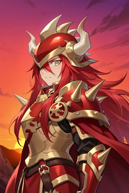 <lora:GulcasaIL:0.8> , guldef, (1boy), red hair, long hair, hair between eyes, yellow eyes, armor, full armor, spikes, shoulder armor, one eye covered, horned helmet, spiked helmet, horned headwear, shoulder spikes, cape, red cape, pauldrons, serious expression, looking at viewer, (from side), looking to the side, face, close-up, sunset, exterior, solo, masterpiece, very aesthetic, absurdres, best quality, amazing quality, high resolution, detailed background, <lora:illustrious_quality_modifiers_masterpieces_v1:0.8> , <lora:ChamIllustriousBackgroundEnhancer:0.5>