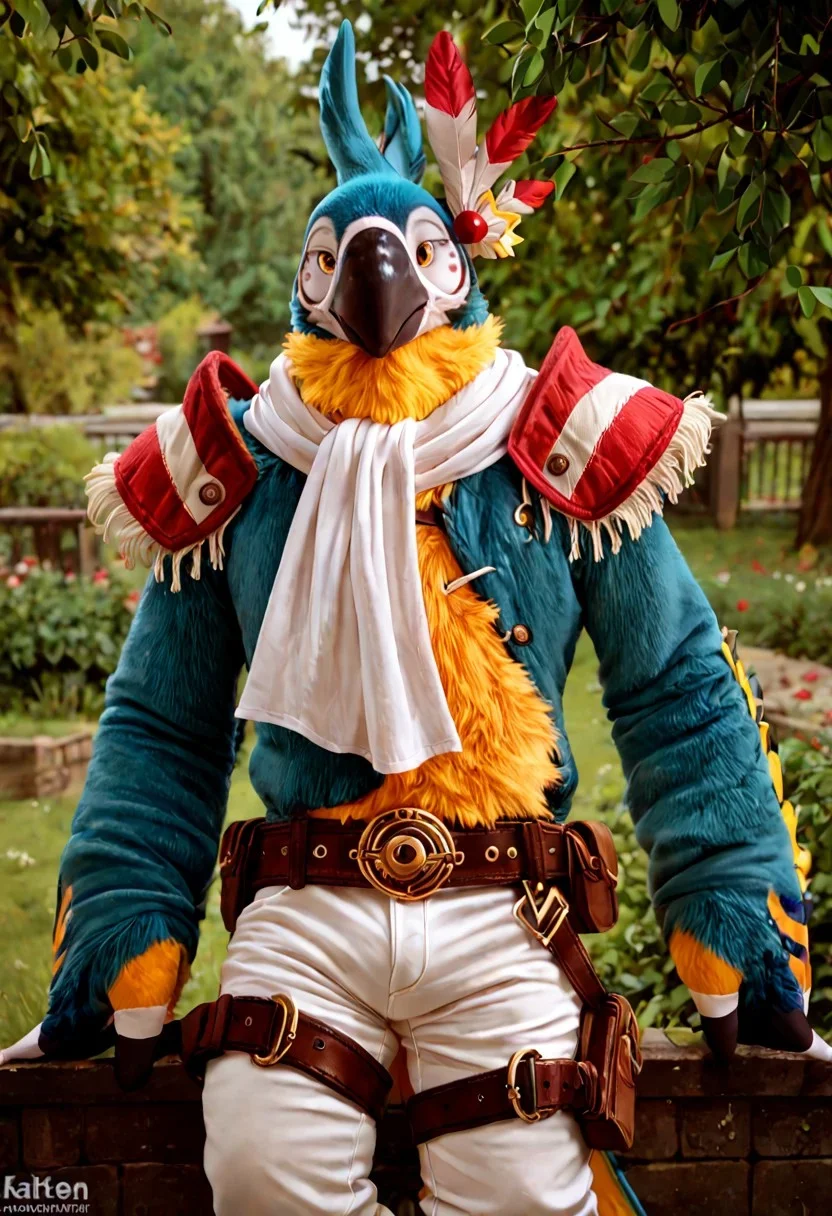 score_9, score_8_up, score_7_up, score_6_up, BREAK, anthro, male, KassPXL, anthro, yellow eyes, feathers, muscular:1.3, hunky, white scarf, stripped shoulder pads, white pants, belt, feather headpiece, (fursuit), looking at viewer, photorealistic, park