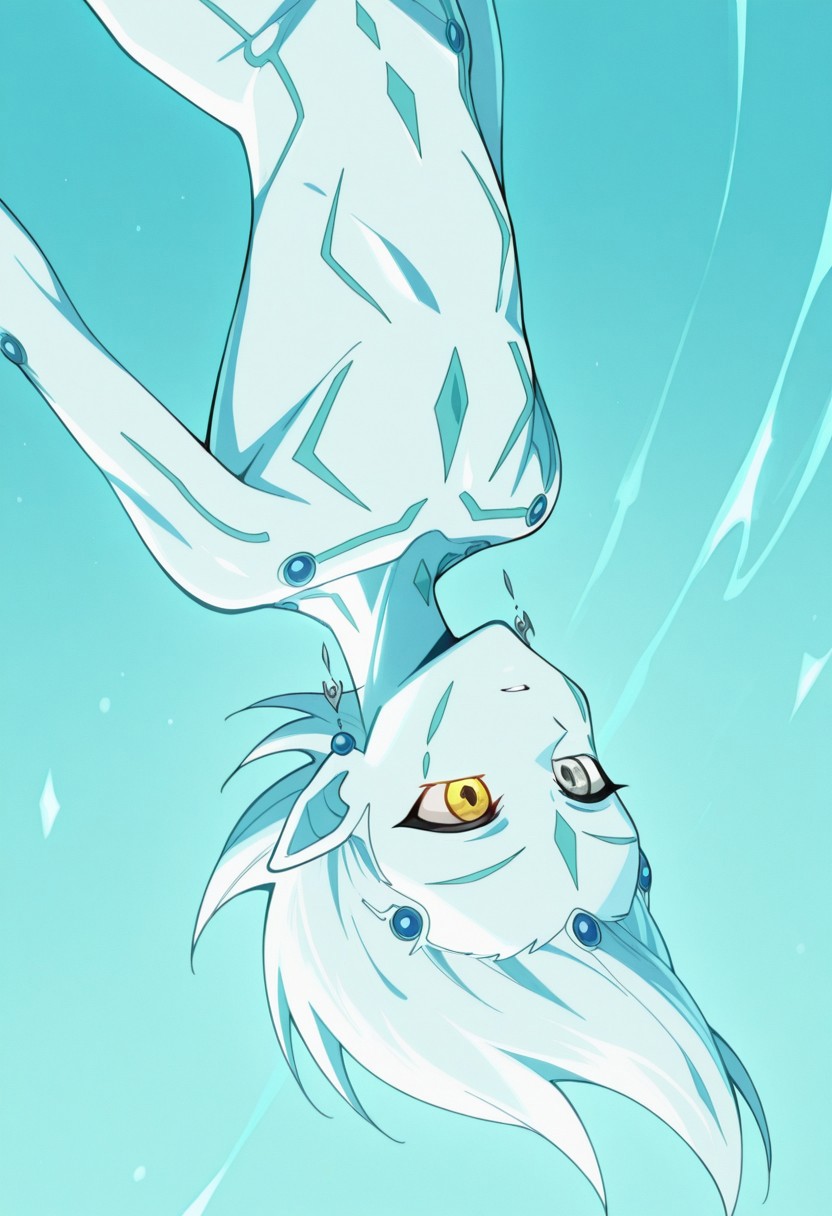 masterpiece,best quality,amazing quality, source_anime, 
astralzx, 1boy, male focus, solo, blue skin, spiked hair, pointy ears, earrings, heterocromia, grey eyes, yellow eyes, upper body, aqua theme, floating, upside down,