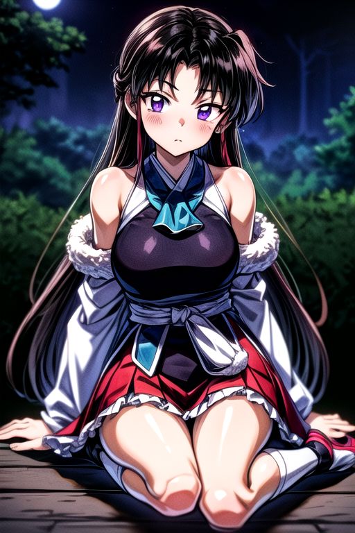 masterpiece,  best quality 1girl Setsun4 solo long hair,  (night time) forest background black hair very long hair purple eyes multicolored hair armor (fur trim) (medium body),<lora:EMS-179-EMS:0.800000>,<lora:EMS-293862-EMS:0.800000>ascot, bare shoulders, black footwear, detached sleeves, embellished costume, frills, japanese clothes, nontraditional miko, red skirt, sandals, sarashi, skirt, socks, armor, miko
