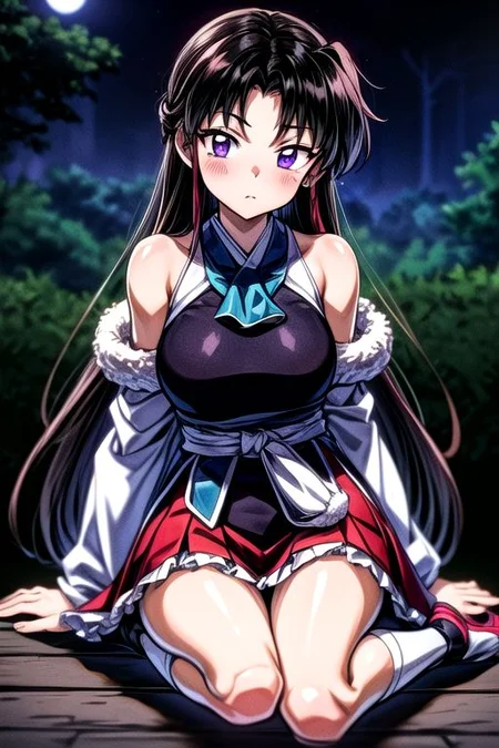 masterpiece, best quality 1girl Setsun4 solo long hair, (night time) forest background black hair very long hair purple eyes multicolored hair armor (fur trim) (medium body),<lora:EMS-179-EMS:0.800000>,<lora:EMS-293862-EMS:0.800000>ascot, bare shoulders, black footwear, detached sleeves, embellished costume, frills, japanese clothes, nontraditional miko, red skirt, sandals, sarashi, skirt, socks, armor, miko