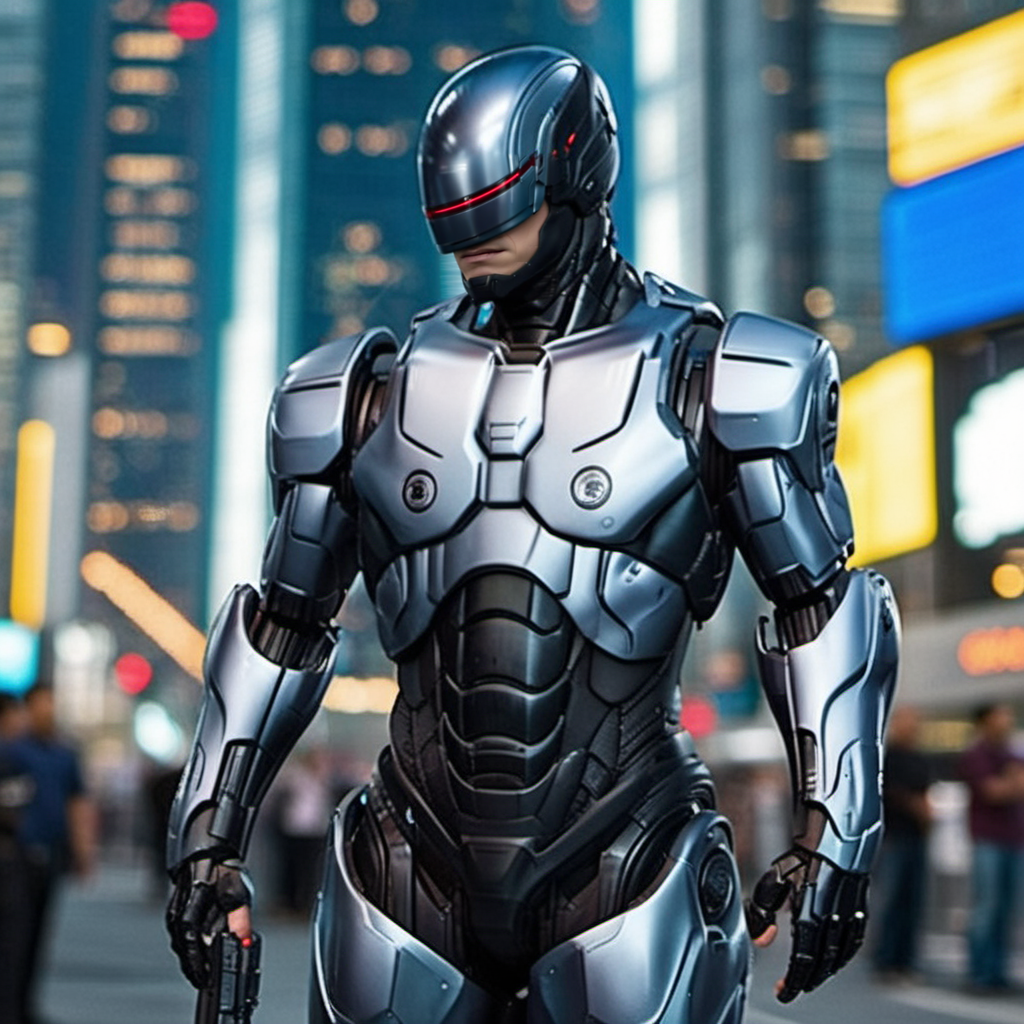 Robocop2014, a robot, full body, cyberpunk city background, highly detailed,  photography, ultra sharp, film, professional, 64k <lora:add-detail-xl:1.5>  <lora:Robocop2014-1024-000325:0.8>