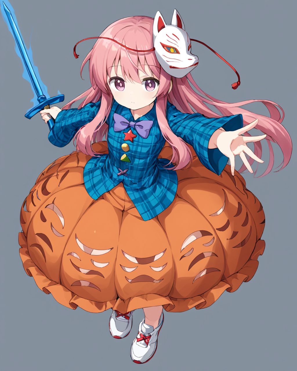 hata no kokoro,1girl, solo, fox_mask, bubble_skirt, foreshortening, long_sleeves, mask_on_head, looking_at_viewer, white_footwear, holding_weapon, plaid_shirt, grey_background, simple_background, full_body, orange_skirt, bowtie, closed_mouth, blue_shirt, naginata, perspective, expressionless, sneakers
<lora:hata_no_kokoro_image5070_2023-12-20:1>,star-shaped_pupils,symbol-shaped_pupils,. gorgeous,key visual, vibrant, studio anime,award-winning, professional, highly detailed,high budget, cinemascope