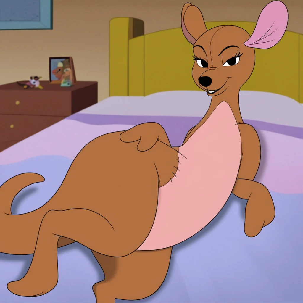 kanga, kangaroo, stuffed animal, bed bedroom, laying on bed, seductive, looking at viewer ,