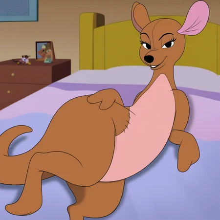 kanga, kangaroo, stuffed animal, bed bedroom, laying on bed, seductive, looking at viewer ,