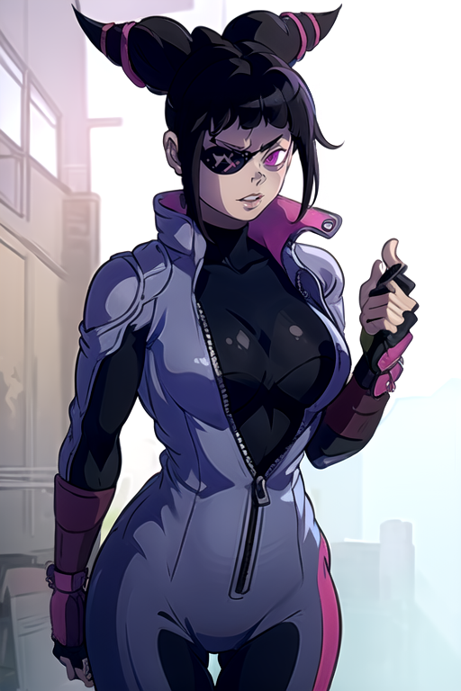 <lora:KINSHINPAIN:0.9>  1girl, solo, masterpiece, best quality , 1girl, JuriMS , sfv , hair horns, eye bangs, eyepatch, <lora:JuriMS:1> purple eyes,