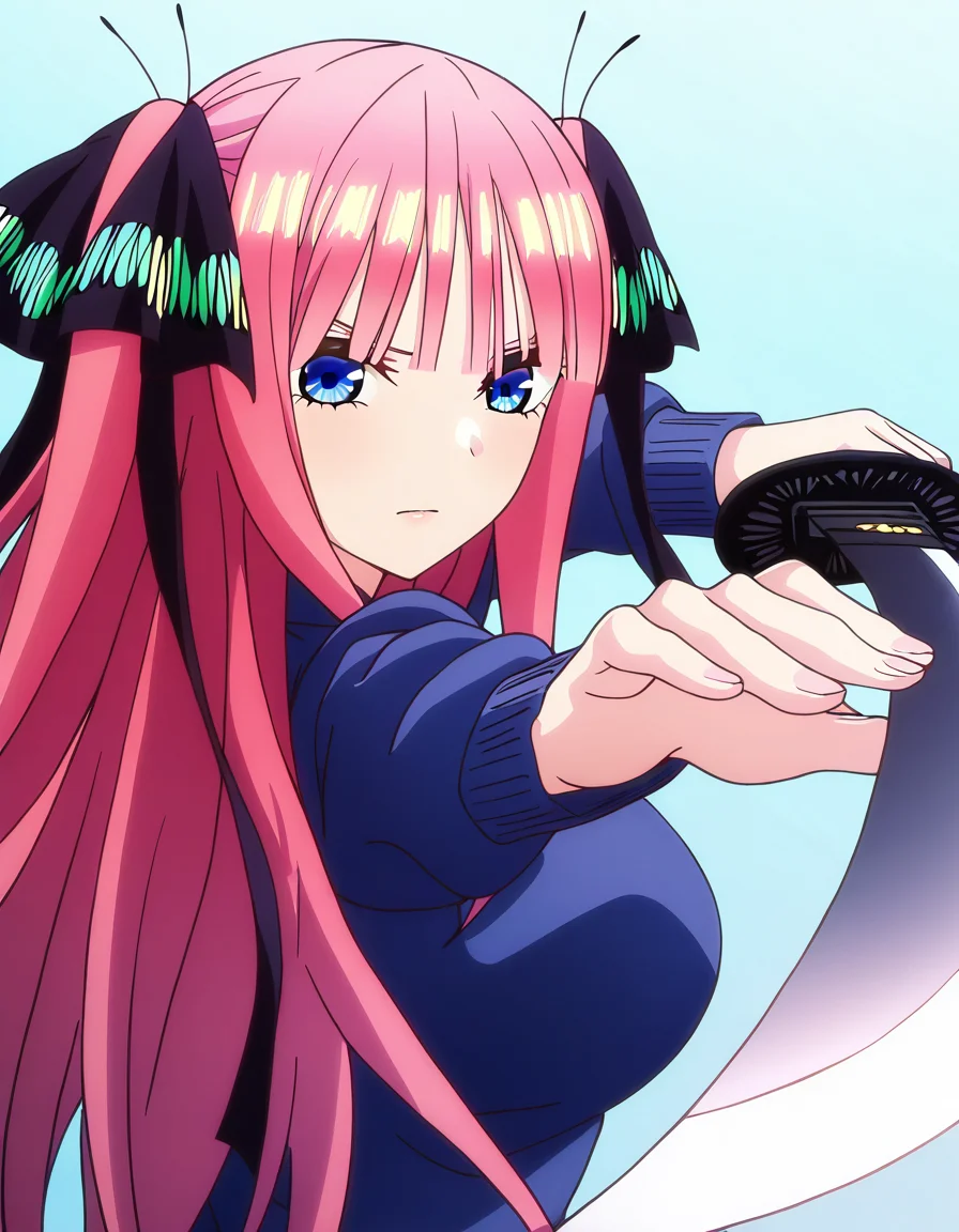masterpiece, best quality, newest, absurdres, highres, safe,, <lora:nino-nakano-s1-ponyxl-lora-nochekaiser:1>, nino nakano, long hair, bangs, blue eyes, hair ornament, hair ribbon, pink hair, blunt bangs, two side up, butterfly hair ornament, large breasts, anime screencap, <lora:gatotsu-stance-illustriousxl-lora-nochekaiser:1>, gatotsu stance, weapon, sword, katana, holding weapon, holding, holding sword, foreshortening, japanese clothes, kimono, looking at viewer,, ,