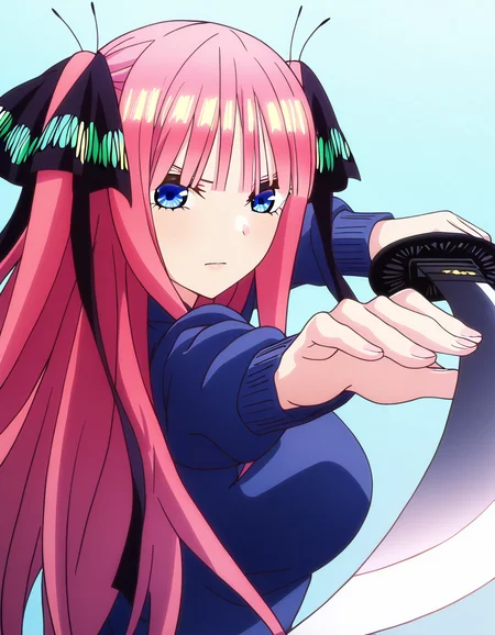 masterpiece, best quality, newest, absurdres, highres, safe,, <lora:nino-nakano-s1-ponyxl-lora-nochekaiser:1>, nino nakano, long hair, bangs, blue eyes, hair ornament, hair ribbon, pink hair, blunt bangs, two side up, butterfly hair ornament, large breasts, anime screencap, <lora:gatotsu-stance-illustriousxl-lora-nochekaiser:1>, gatotsu stance, weapon, sword, katana, holding weapon, holding, holding sword, foreshortening, japanese clothes, kimono, looking at viewer,, ,