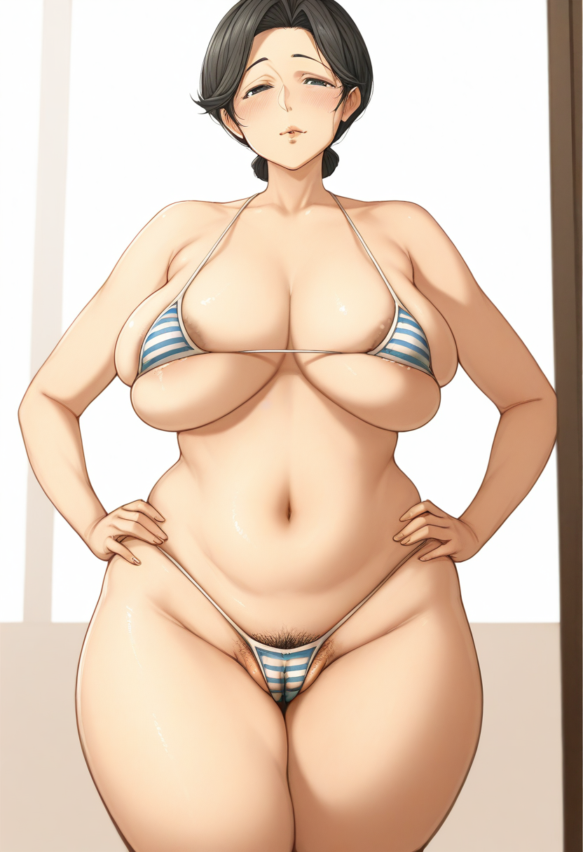 masterpiece, best quality,
 <lora:Toshi_8868750:1> T0sh1,  1girl, solo,standing, hands on own hips,looking at viewer, black hair, short hair, black eyes,mature female, large breasts, wide hips,female pubic hair, cameltoe, skindentation,bikini, micro bikini, striped bikini,