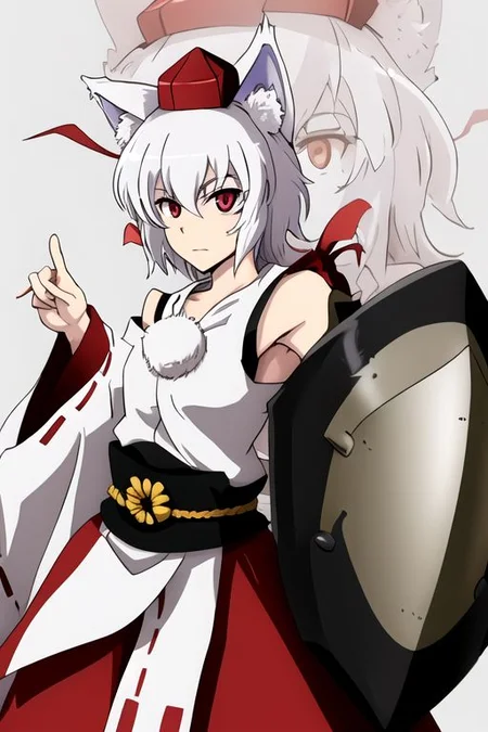 inubashiri momiji, 1girl, animal ears, armpit peek, collarbone, detached sleeves, hat, holding, holding weapon, looking at viewer, pom pom \(clothes\), red eyes, red headwear, shield, tail, tokin hat, weapon, white hair, wide sleeves, wolf ears, wolf girl, wolf tail, 
masterpiece, best quality, very aesthetic, absurdres, pixiv, anime coloring