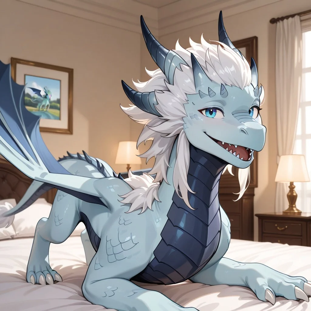 1boy, highres, absurdres, newest, masterpiece, best quality, furry, furry_male, azymondias_tdp, dragon, light blue scales, white hair, blue wings, horns, tail, claws, blue eyes, 1boy, (quadruped, feral:1.3), detailed eyes, (on_stomach:1.1), open_mouth, open mouth smile, luxurious detailed room, bright room, day scene, professional lighting, white bed, solo, bedroom, smiling, seductive, looking_at_viewer, masterpiece, close up, safe