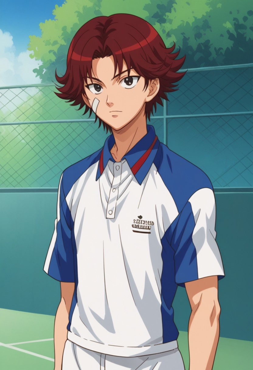 score_9, score_8_up, score_7_up, source_anime, highly detailed, 
eijikiku, 1boy, male focus, solo, red hair, short hair, black eyes, bandaid on face, sportwear, tennis uniform, shirt, white shirt, blue shirt, short sleeves, polo shirt,
outdoor,
