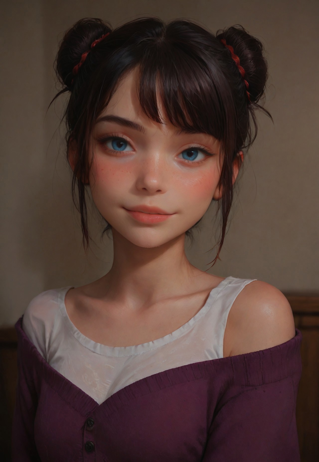 score_9_up, score_8_up, score_7_up, score_6_up, 1girl, 25 years old, perfect face, adult, 
detailed face, portrait, face focus, depth of field, looking at viewer, blush, shy smile, (close up), 
multicolored hair, black hair, red hair, hair bun, double bun, messy hair,
white shirt, purple cardigan, off shoulder, 
bedroom,