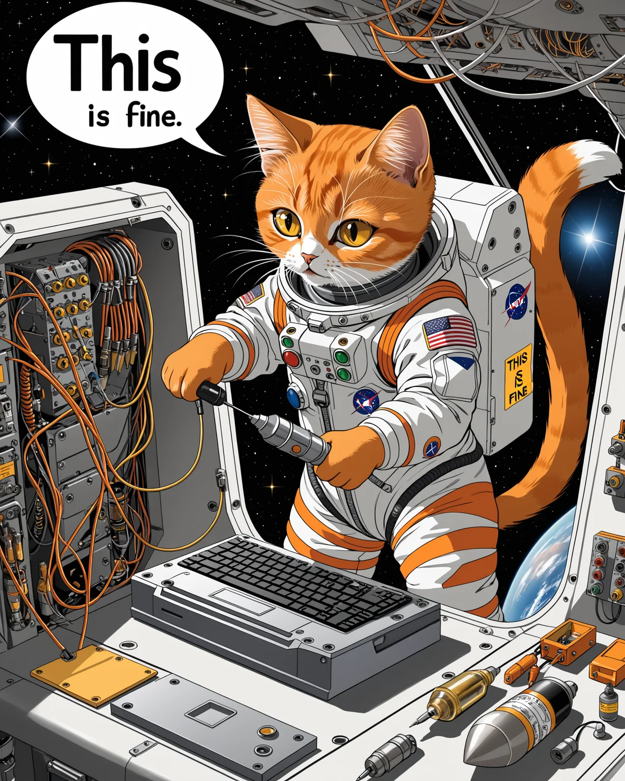 score_9, score_8_up, score_7_up, BREAK
a small orange cat, wearing a miniature space suit, performing maintenance on a spaceship hull, using a pc, holding a screwdriver,  electrical panel, lots of wire, outer space setting, detailed spaceship parts, floating tools, determined expression, high detail, 
error sign on computer, (speech bubble ("THIS IS FINE":1.5):1.2), english text,