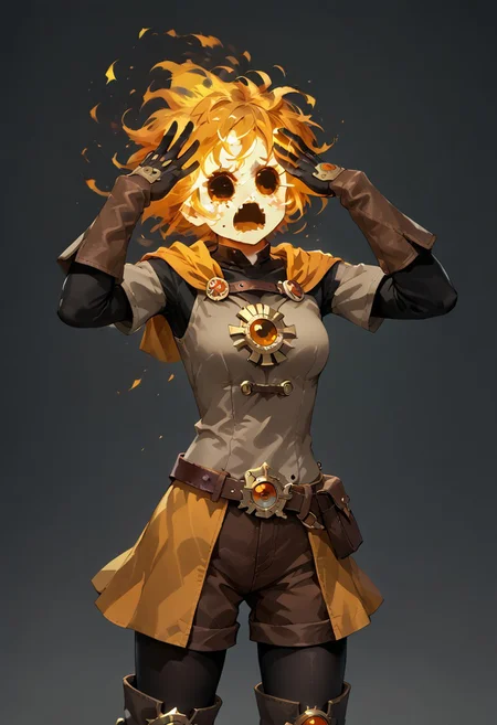score_9, score_8_up, score_7_up,
lord_of_frenzy, fire head,
novakin, faceless, no eyes, no mouth, no nose, no facial features, short fiery yellow orange hair, body made of black plasma,
open hands, hands on face front,
AhEtoBlehMeme, hands on own head,
magical girl outfit, steampunk dress, boots, (brown shorts:1.1), black tights, medium breasts, belt,
simple background, grey background,