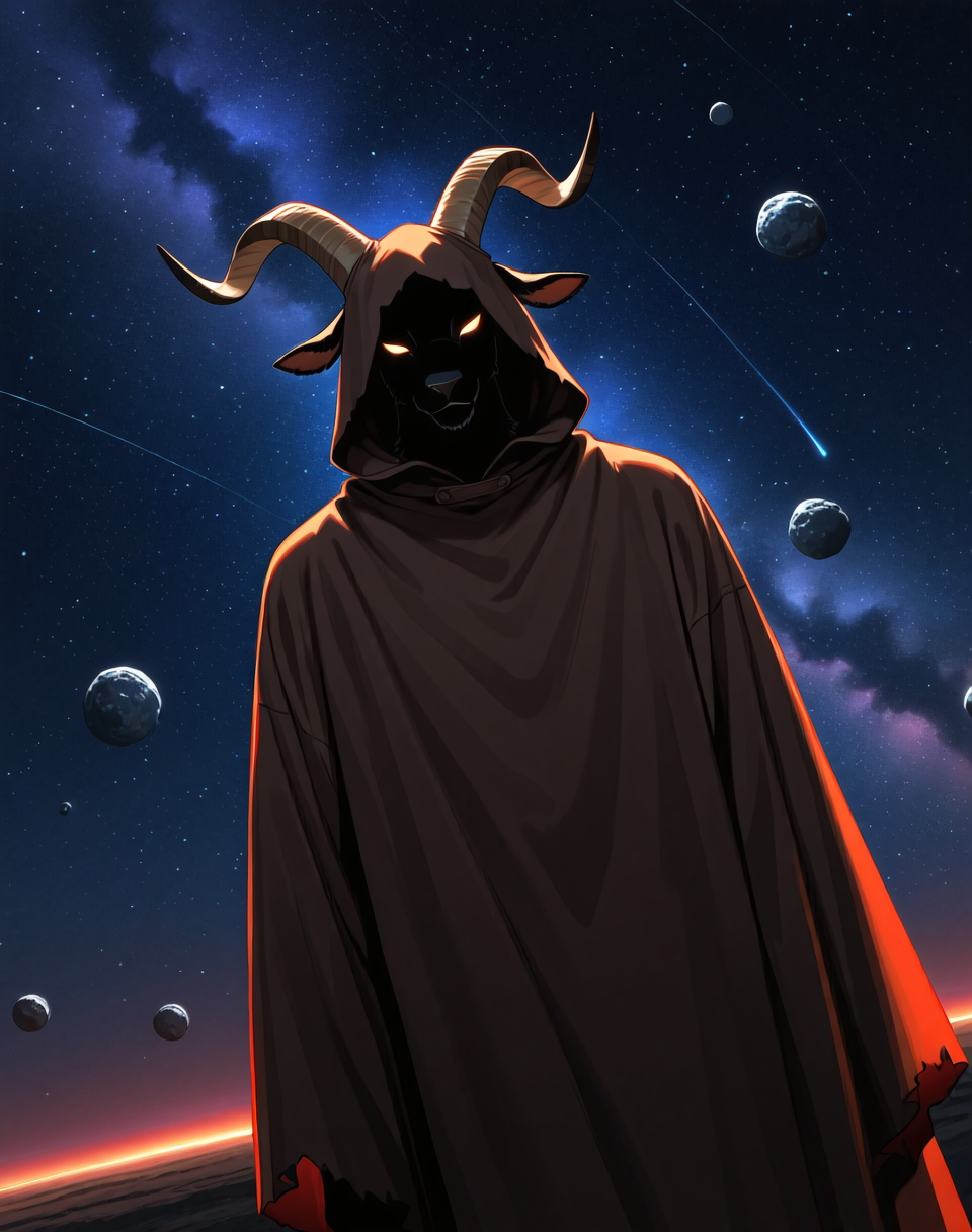 <lora:Moro_Hooded_Form_(Dragonball_Z)_(Illustrious)_(AD):1.35> Moro, hooded cloak, goat, 
dutch angle, exterior, outer space, asteroid field, 
male focus, gradient coloring, solo, cowboy shot, soft shading, old, aged up, dark picture, tattered brown cloak, evil villain, 
BREAK very awe, aesthetically pleasing, masterpiece, best quality, amazing quality, very aesthetic, perfect depth of field shot, in'ei, furry_art, source_furry, source_anime,
EZRealPONYXL, zPDXL, Smooth Quality, lazympos, IllustQualXL_Pos,