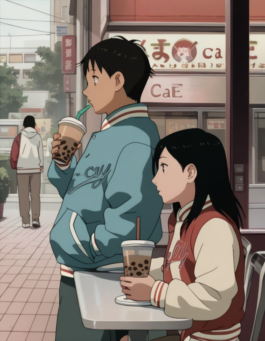 score_9,  score_8_up, score_7_up, source_anime, <lora:izumi-maho-koyuki-ponyxl:1> 1boy, koyuki, t-shirt, 1girl, minamimaho, letterman jacket, cafe, bubble tea