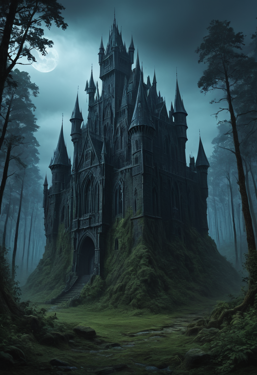 a dark castle in the forest, gothic style, dark fanatsy art, digital painting, mobe-godeen <lora:GothicDetailEnhancerV1:0.55>,