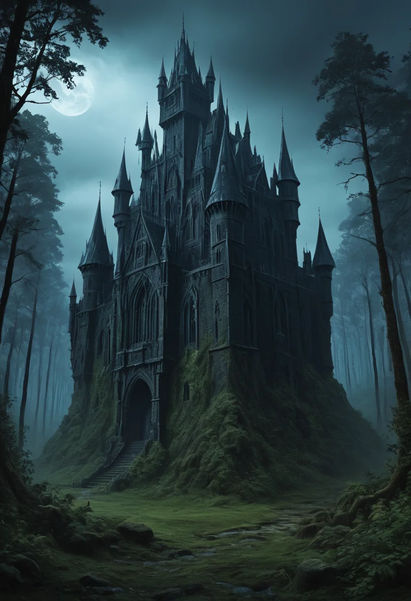 a dark castle in the forest, gothic style, dark fanatsy art, digital painting, mobe-godeen <lora:GothicDetailEnhancerV1:0.55>,