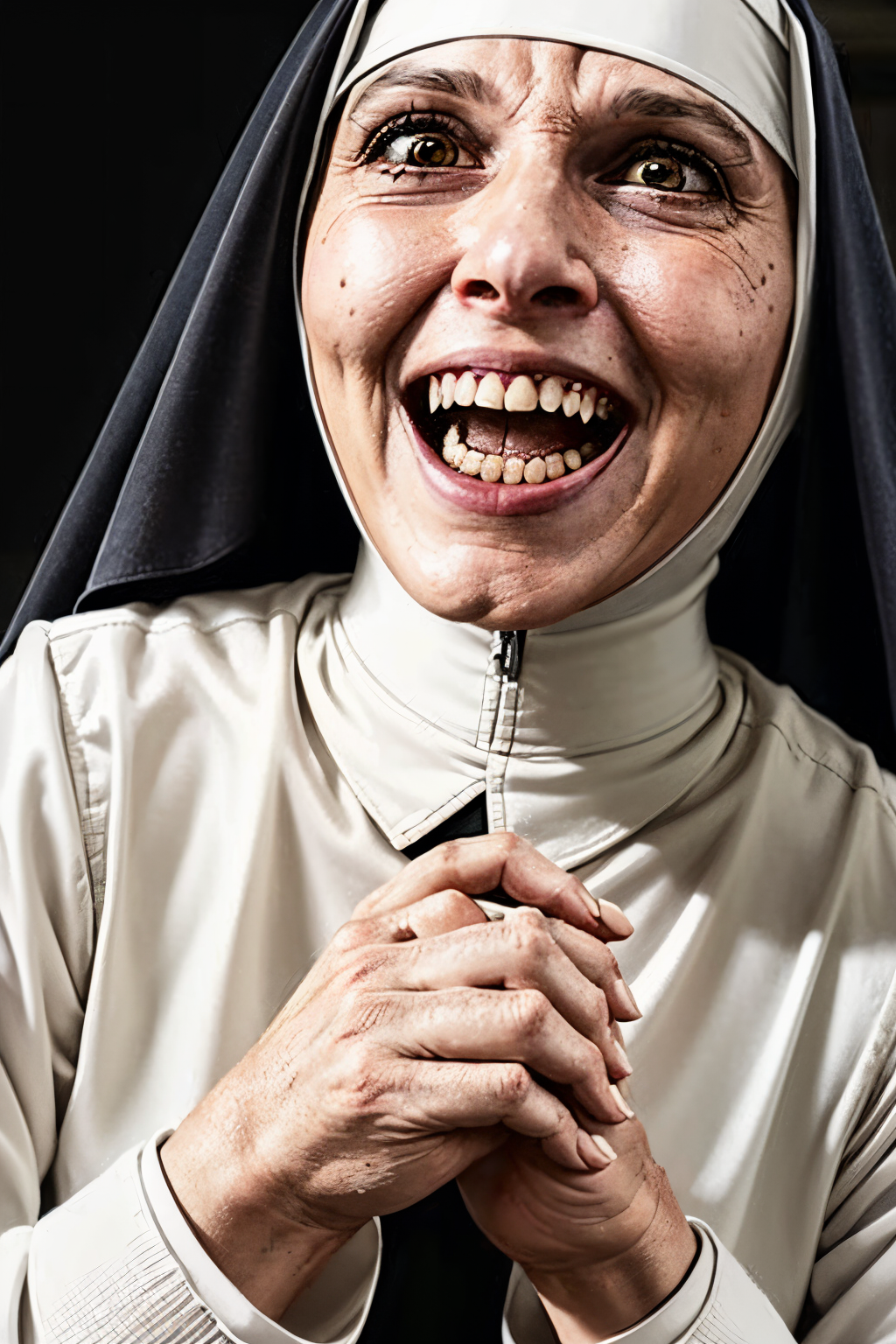 (Realistic:1.5) (masterpiece) (full body portrait)) horror solo, jacket, parody, teeth, shirt, black sclera, closed mouth, lips, fingernails, blunt bangs, white eyes, grin, brown hair, nun, freckles, facial mark,   <lora:EdobHorror_v1.0:0.8>