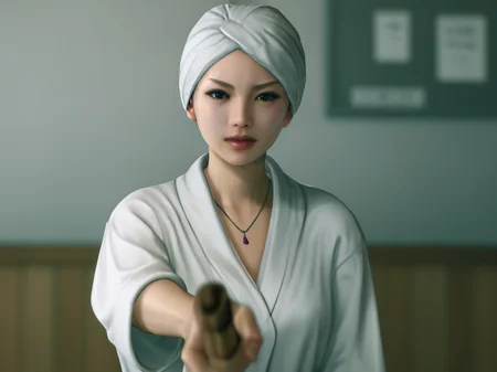 score_9, score_8_up,score_7_up,1girl, <lora:Sayama_Kaoru:1>Sayama Kaoru,towel, holding wooden katana,