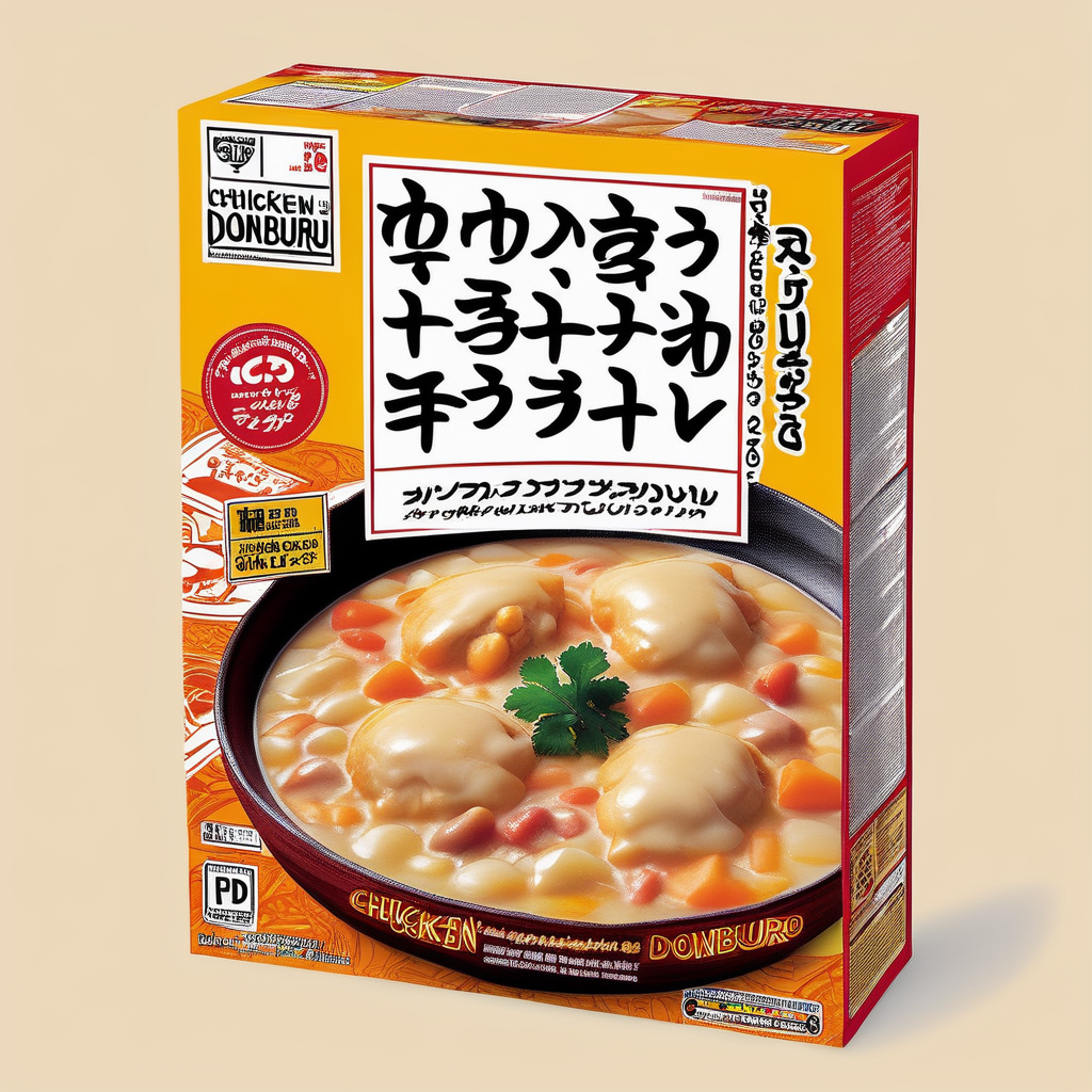 A packaging box designed for a Chicken Leg Donburi Cooking Kit. The box should be visually appealing and sturdy, suitable for holding all the ingredients and cooking instructions. The primary color scheme should evoke the flavors and textures of Chicken Leg Donburi, perhaps using warm colors like brown, orange, and yellow. The product name 'Chicken Leg Donburi Cooking Kit' must be prominently displayed in English on the front of the box. Imagery on the box could include illustrations or photos of succulent chicken legs, steaming rice, and other ingredients like vegetables and sauce. The overall design should convey the ease and deliciousness of making Chicken Leg Donburi at home , <lora:tlbv1:0.6>