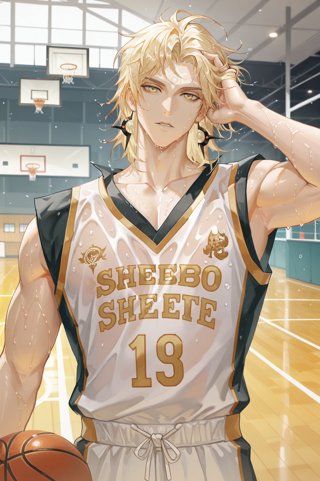 <lora:susanoo-IL:0.8>,susanoo, blonde hair, dishevelled hair, 1boy, yellow eyes,forehead mark, solo,basketball uniform,looking at viewer,sweat,parted lips,wet hair,hand on own hair,bara,male focus,very awa,masterpiece,best quality,amazing quality,nsfw,uncersored,highres,best quality,amazing quality,best aesthetic,absurdres,