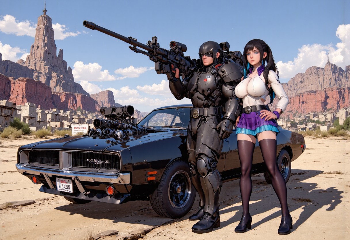 The man is in a heavily armored futuristic black power armor. It has large shoulder pads. He wields a massive belt fed machine gun. Miyu. She has long twintails. (long twintails:1.2), black and blue colored. She is petite and very skinny, but her huge breasts standout. Her tits are perfect. Her shoulders are narrow. Her ass is big and narrow. Her hips are wide. She has skinny thighs and perfectly shaped skinny legs. She wears a white crop top, white sleeves, purple and blue translucent miniskirt, black thigh highs. The outfit has a cyberpunk style. They are ready for action in a deserted road. Next to them is a parked cyberpunk styled 1970 Dodge Charger it is supercharged and has futuristic big wide wheels. In the distant we see a post apocalyptic ruined cyberpunk metropolis.