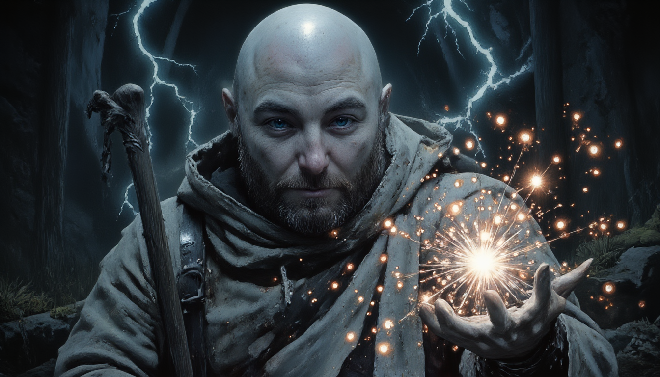 a bald man with a beard barricadettv with piercing blue eys, wearing a tattered cloak and robes with a wooden wand surrounded by sparks of lightning in a dark forest, dark ominous and mysterious atmosphere, blue aura vibe, highly detailed, ArsMJStyle, HyperDetailed Illustration, drkfnts style, elden ring style, dark atmosphere