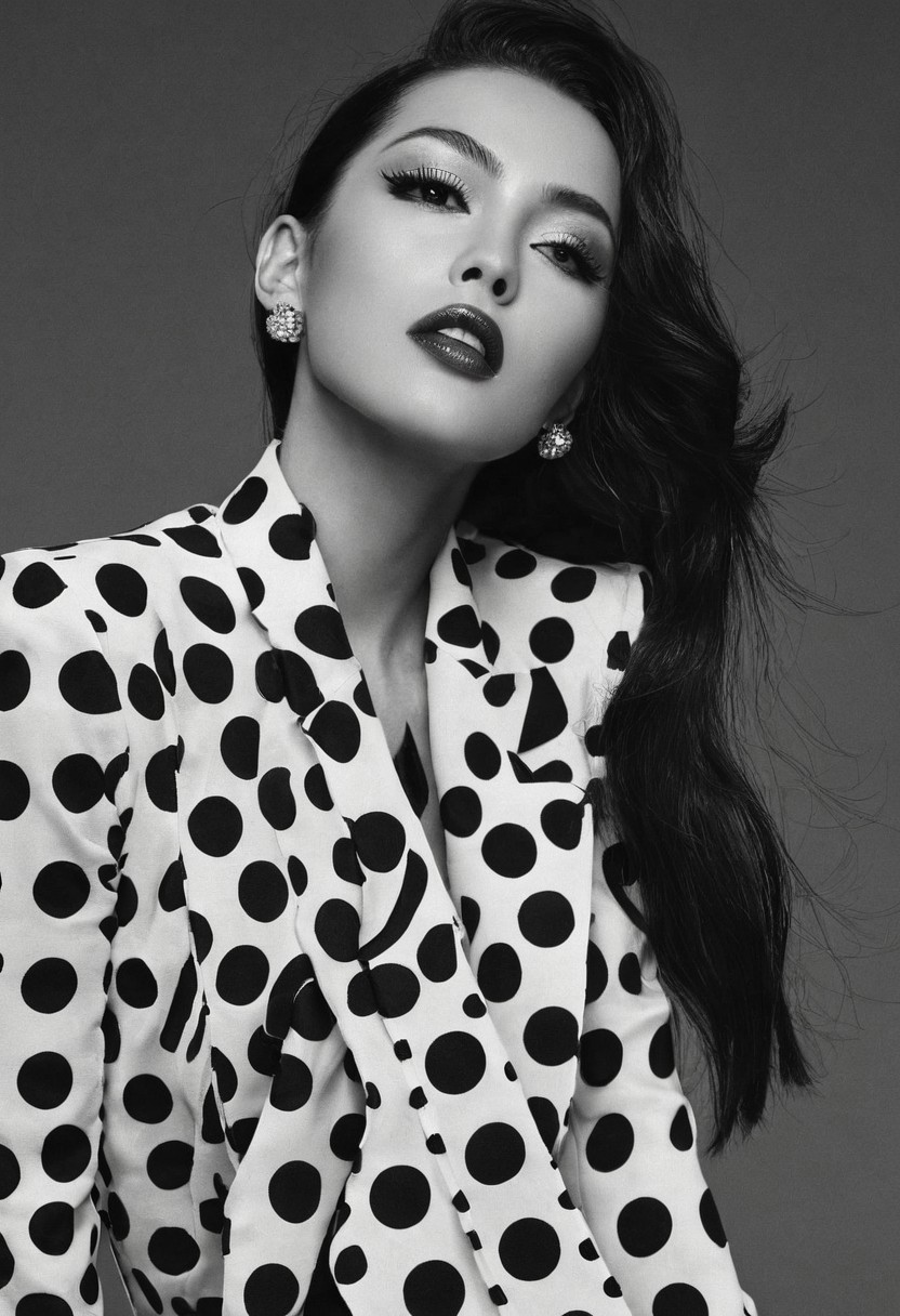 High-fashion photography. <lora:Snap Crackle POP:1.0>Dots dots dots and a beautiful woman ,ohwx19 woman, j0y_n0texist